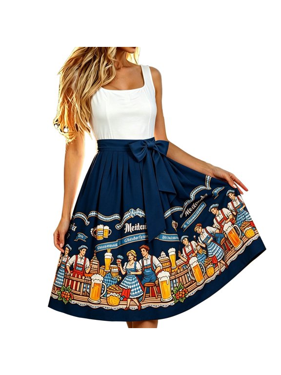 Oktoberfest Print Midi Skirts for Women High Waisted Bow Drawstring Belt Flowy Pleated Skirts Loose Comfort Fashion Festival Below Knee Casual Skirts 2026 Summer 4-Dark Blue One Size