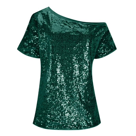 Arlun One Shoulder Sequins Tops for Women Short Sleeve Sparkly Glitter Sequin T-Shirts Concert Disco Party Club Tees Fitting Soft Comfortable Carnival Party Stylish Outfits Green XXL
