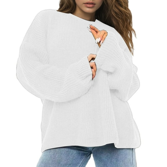 Arlun Oversized Crewneck Sweaters for Women Knitted Jacquard 2026 Winter Long Sleeve Tops Casual Solid Color Loose Drop Shoulder Puff Sleeves Pullover Sweater White XXXL