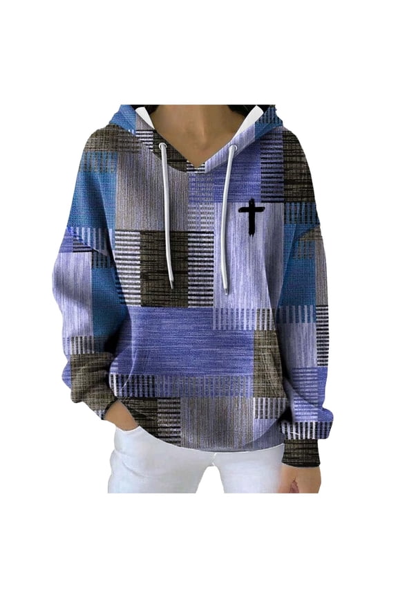 Oversized Faith Cross Print Striped Hoodies for Women Loose Comfy Long Sleeve Pullover Sweatshirts Fall Christian Drawstring Hooded Pullovers with Pocket Blue XXL
