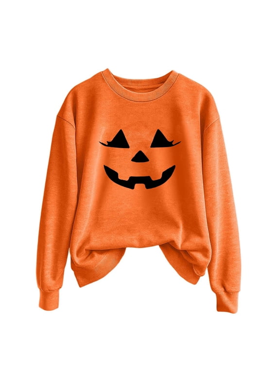 ,Oversized Halloween Pumpkin Face Sweatshirts for Women Casual Loose Comfy Funny Graphic Printed Pullovers Sweatshirt Ladies Crewneck Solid Color Fall Hoodless Tops Orange7 M