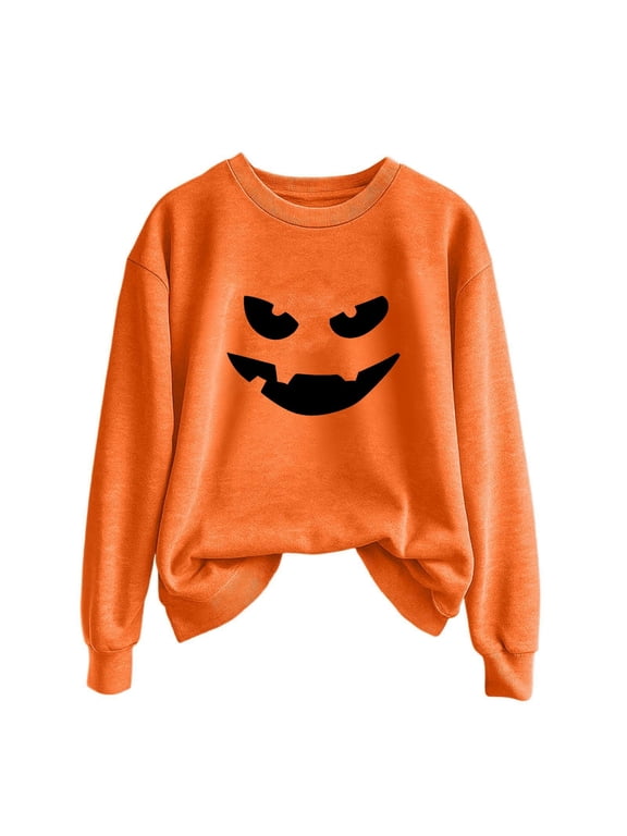 ,Oversized Halloween Pumpkin Face Sweatshirts for Women Casual Loose Comfy Funny Graphic Printed Pullovers Sweatshirt Ladies Crewneck Solid Color Fall Hoodless Tops Orange9 XL