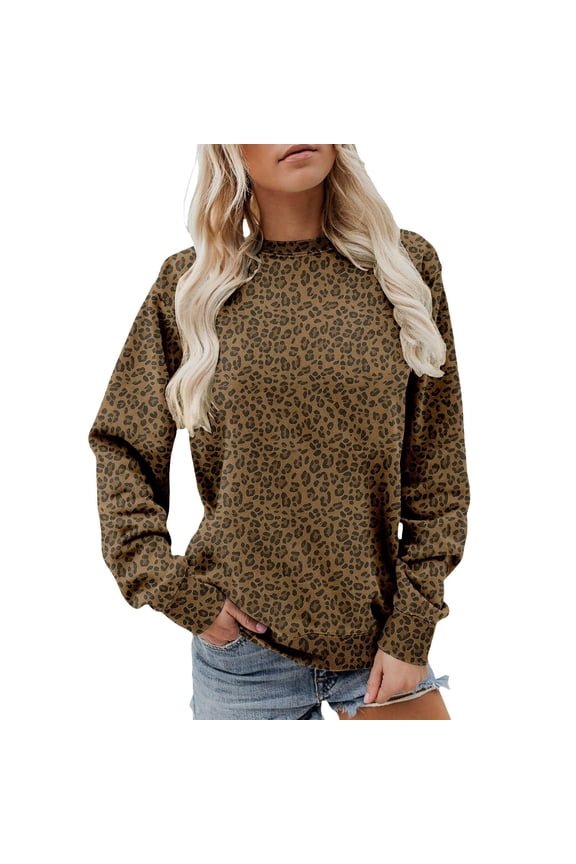 Oversized Leopard Print Sweatshirt for Women Crewneck Long Sleeve Casual Tops Plus Size Drop Shoulder Relaxed Fit Comfort Casual Workout Pullover Sweatshirt Khaki M