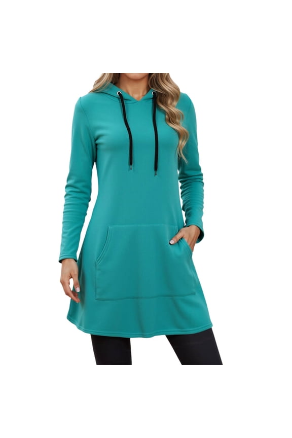 Oversized Pullover Sweatshirts for Women Trendy Long Sleeve Loose Midi Hoodies Dress Casual Fall Winter Trendy Solid Color Drawstring Hooded Tops with Pocket Blue XL