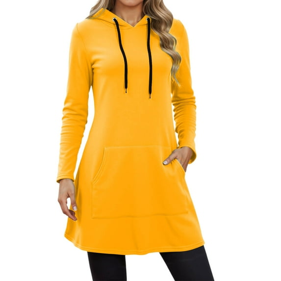 Arlun Oversized Pullover Sweatshirts for Women Trendy Long Sleeve Loose Midi Hoodies Dress Casual Fall Winter Trendy Solid Color Drawstring Hooded Tops with Pocket Yellow XL