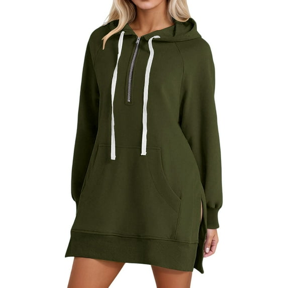 Arlun Oversized Quarter Zipper Hoodies Dress for Women Warm Loose Comfortable Long Sleeve Pullover Sweatshirts Casual Solid Color Split Hem Drawstring Long Tops with Pocket Army Green XXL