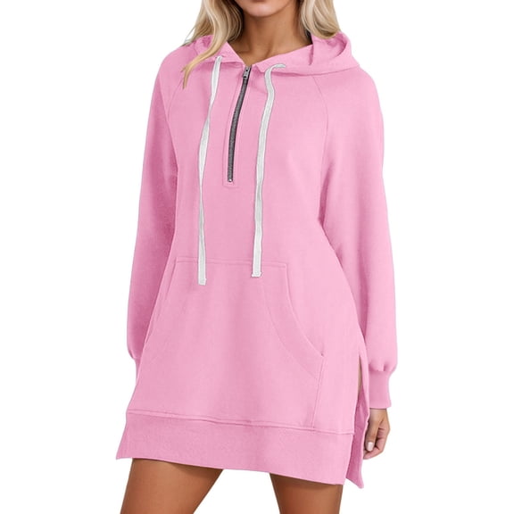 Arlun Oversized Quarter Zipper Hoodies Dress for Women Warm Loose Comfortable Long Sleeve Pullover Sweatshirts Casual Solid Color Split Hem Drawstring Long Tops with Pocket Pink XXL