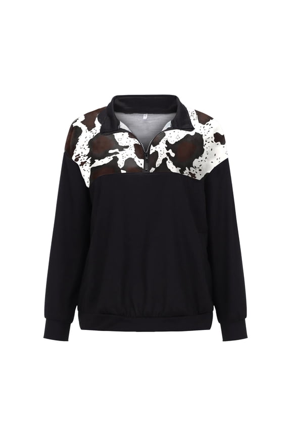 Oversized Quarter Zipper Sweatshirts for Women 2025 Casual Aztec Cow Printed Collar Pullover Sweatshirts Loose Cozy Long Sleeve Western Cowgirl Ethnic Style Tops Black M