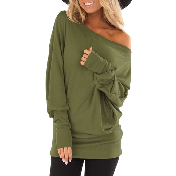 Arlun,Oversized off the Shoulder Tshirts for Women Loose Fit Lantern Sleeve Casual Sexy Tops Womens Solid Color Baggy Soft Comfortable T Shirts Green XL