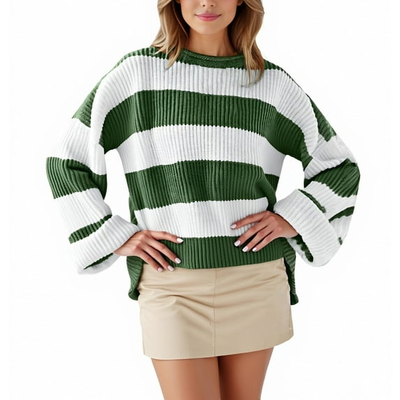 Arlun Oversized Striped Color Block Cozy Knitted Sweaters for Women Loose Crew Neck Long Sleeve Drop Shoulder Pullover Sweater 2026 Winter Spring Fashion Outfits Army Green XL