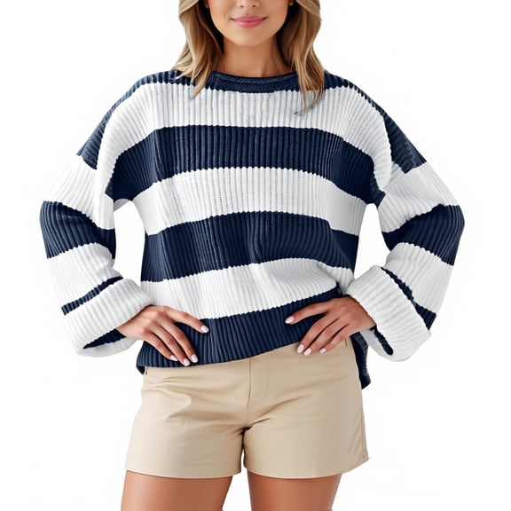 Arlun Oversized Striped Color Block Cozy Knitted Sweaters for Women Loose Crew Neck Long Sleeve Drop Shoulder Pullover Sweater 2026 Winter Spring Fashion Outfits Navy S