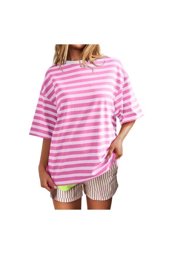 Oversized Striped Print T Shirts for Women Plus Size Short Sleeve Color-Block Crewneck Cute Tops Loose Batwing Lightweight Comfy Fashion Casual Workout Tee 2-Pink S