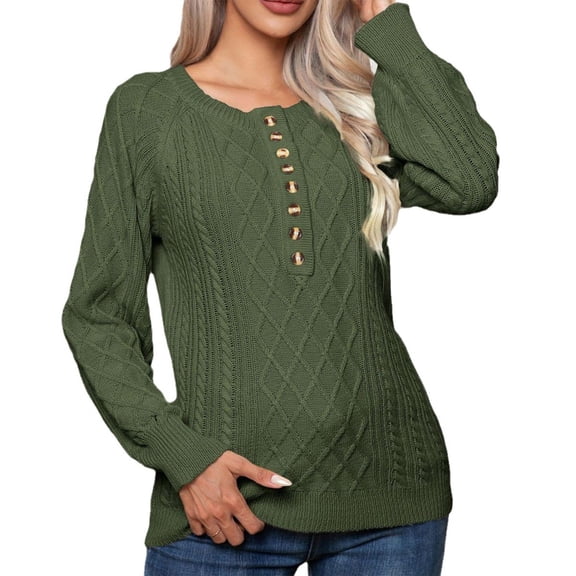 Arlun Oversized Sweaters for Women 90s Vintage Knitted Button up Sweater Casual Long Sleeve Cable Knit Crewneck Pullover Tops Plus Size Solid Color Fall Winter Clothes Green S