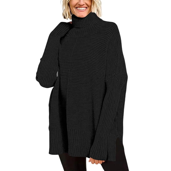 Arlun Oversized Turtleneck Sweaters Womens Spring Batwing Sleeve Ribbed Pullover Tunic Sweater Drop Shoulder Long Sleeve Solid Color Winter Long Side Split Plain Tops Winter Clothes Black XXL