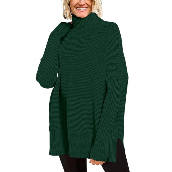 Arlun Oversized Turtleneck Sweaters Womens Spring Batwing Sleeve Ribbed Pullover Tunic Sweater Drop Shoulder Long Sleeve Solid Color Winter Long Side Split Plain Tops Winter Clothes Green XXL