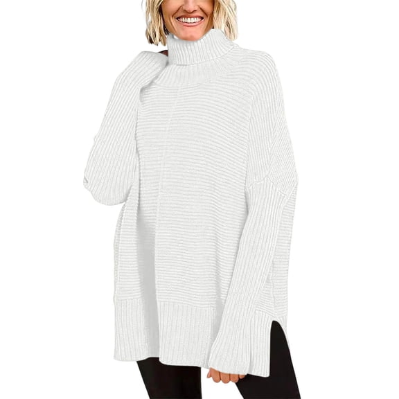Arlun Oversized Turtleneck Sweaters Womens Spring Batwing Sleeve Ribbed Pullover Tunic Sweater Drop Shoulder Long Sleeve Solid Color Winter Long Side Split Plain Tops Winter Clothes White XXL