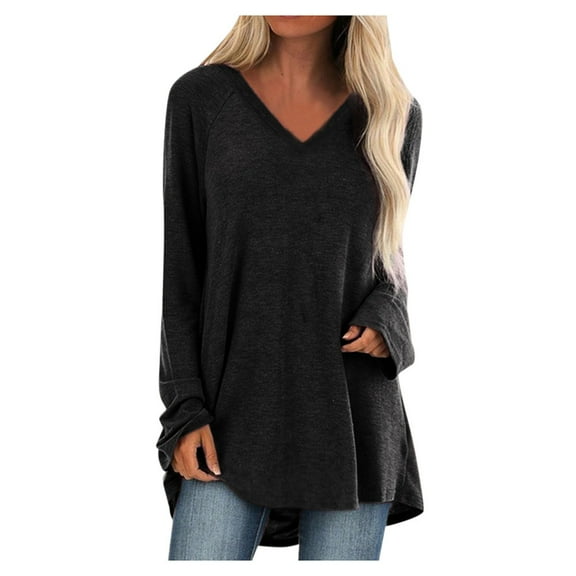 Arlun,Oversized V-Neck Tshirts for Women Casual Loose Fit Solid Color Thin Tops Womens Long Sleeve Baggy Soft Comfy Lightweight Fall Workout T Shirts Black S
