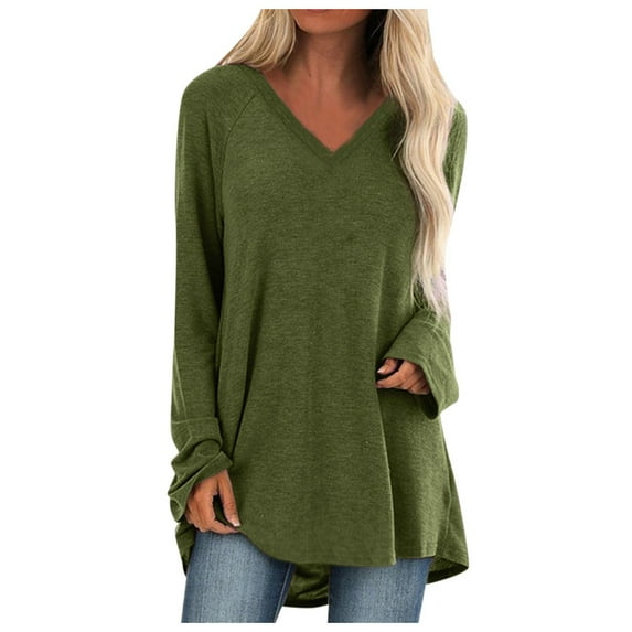 Arlun,Oversized V-Neck Tshirts for Women Casual Loose Fit Solid Color Thin Tops Womens Long Sleeve Baggy Soft Comfy Lightweight Fall Workout T Shirts Green XXL