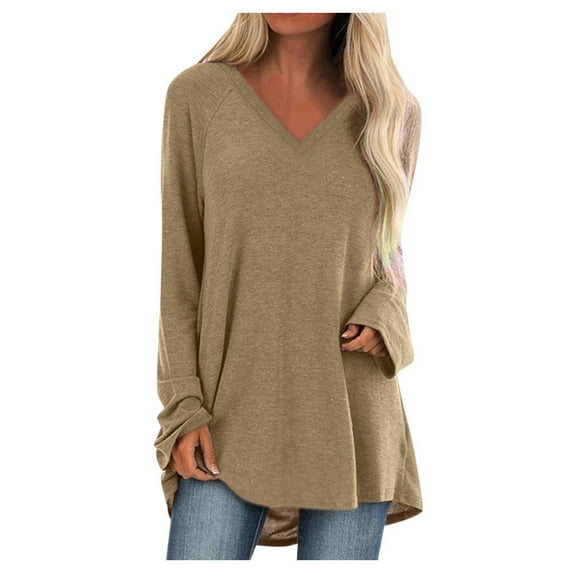 Arlun,Oversized V-Neck Tshirts for Women Casual Loose Fit Solid Color Thin Tops Womens Long Sleeve Baggy Soft Comfy Lightweight Fall Workout T Shirts Khaki XL