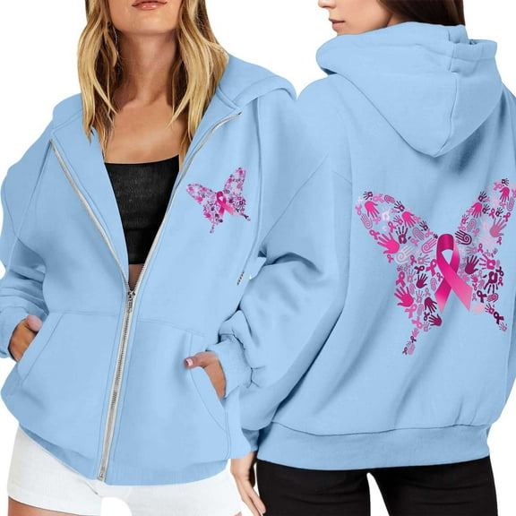 Arlun Oversized Zip up Sweatshirts for Women Pink Ribbon Cancer Awareness Loose Comfortable Hoodies Long Sleeve Drawstring Full Zip Jackets with Pockets Blue6 M