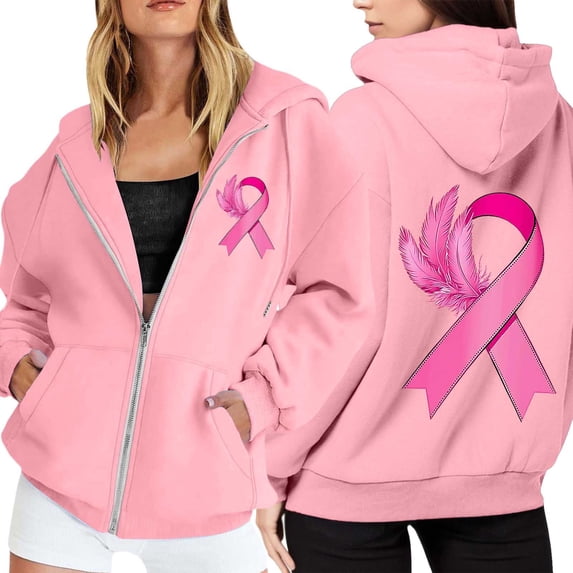 Arlun Oversized Zip up Sweatshirts for Women Pink Ribbon Cancer Awareness Loose Comfortable Hoodies Long Sleeve Drawstring Full Zip Jackets with Pockets Pink4 XXXL