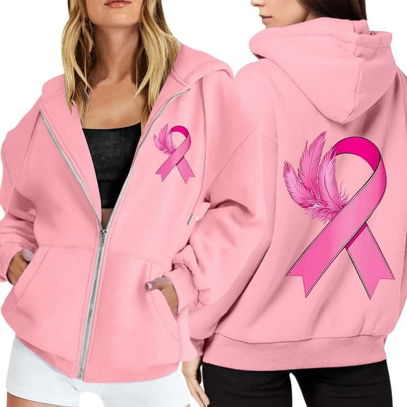 Arlun Oversized Zip up Sweatshirts for Women Pink Ribbon Breast Cancer Awareness Loose Comfortable Hoodies Long Sleeve Drawstring Full Zip Jackets with Pockets Pink4 XXL