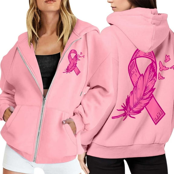 Arlun Oversized Zip up Sweatshirts for Women Pink Ribbon Cancer Awareness Loose Comfortable Hoodies Long Sleeve Drawstring Full Zip Jackets with Pockets Pink3 XXL