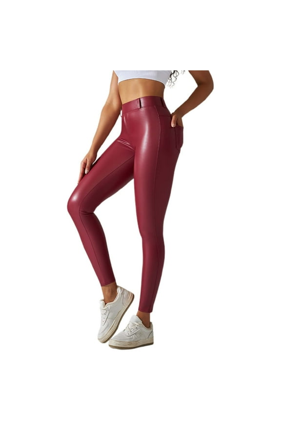 PU Leather Pants High Waist Compression Body Sculpting Yoga Pants Stylish Soft Comfortable Casual Outdoor Activities Wear Tight Trousers 2026 Fashion Bottom Clothes Red S