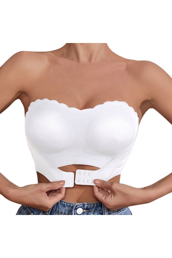 Padded Strapless Bra Women Front Closure Non- Bandeau Tube Top No Underwire Wireless Seamless Solid Color Ribbing Bralettes with Hook Closing and Detachable Chest Pad White L