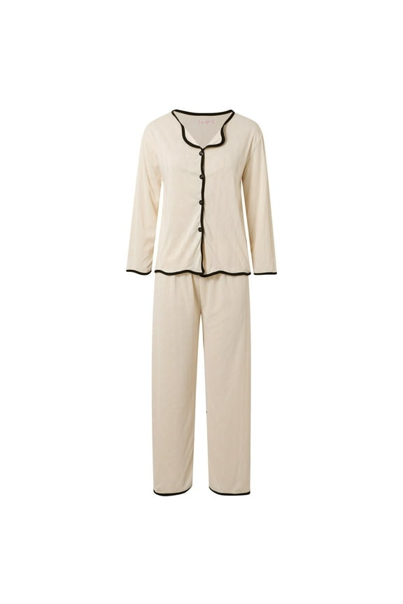 Pajamas for Women Set Casual Women's Pajama Sets Long Sleeve Button down Tops Wide Leg Comfy Long Pants Sleepwear Nightwear Soft 2 Piece Pjs Sets Beige M