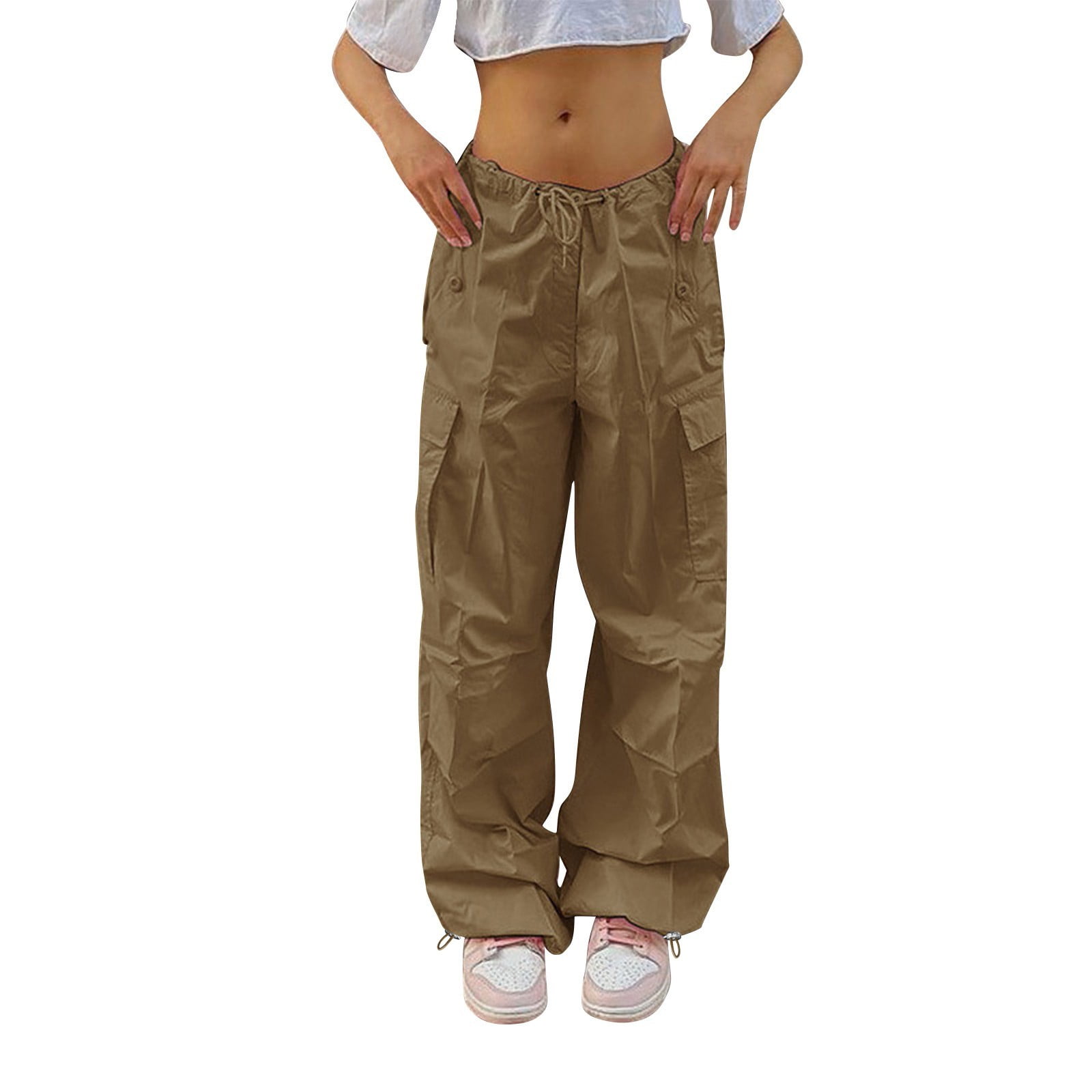 Xineicy Women's Parachute Cargo Pants - Y2K Baggy Joggers With Drawstring, Low Rise, Cargo Pockets