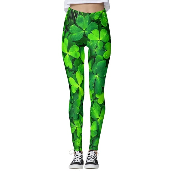 Arlun Patrick's Day Leggings for Women Elastic High Waisted Tummy Control Printed Slim Tights Pants Shamrock Irish Clover Soft Comfortable Yoga Sports Casual Pants Green2 XL