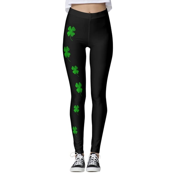 Arlun Patrick's Day Leggings for Women Elastic High Waisted Tummy Control Printed Slim Tights Pants Shamrock Irish Clover Soft Comfortable Yoga Sports Casual Pants Black XL