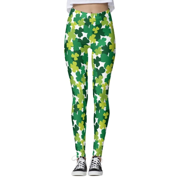 Arlun Patrick's Day Leggings for Women Elastic High Waisted Tummy Control Printed Slim Tights Pants Shamrock Irish Clover Soft Comfortable Yoga Sports Casual Pants Green XL