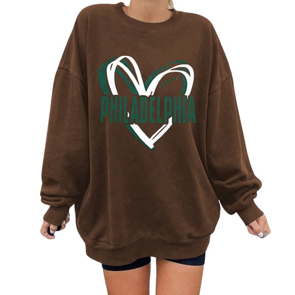 Arlun Philadelphia Crew Neck Sweatshirts for Women Heart Graphic Game Day Sweatshirt Football Team Fans Pullover Shirt Drop Shoulder Long Sleeve Loose Casual Tops Brown L