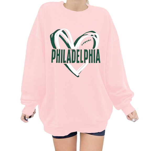 Arlun Philadelphia Crew Neck Sweatshirts for Women Heart Graphic Game Day Sweatshirt Football Team Fans Pullover Shirt Drop Shoulder Long Sleeve Loose Casual Tops Pink XXL