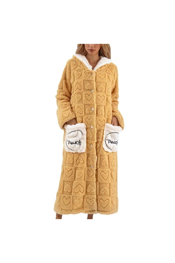 Plaid and Heart Print Flannel Hooded Robes for Women Long Over the Knee Length Cozy Button down Bathrobes Winter Warm Loose Fit Loungewear with Pockets Yellow M