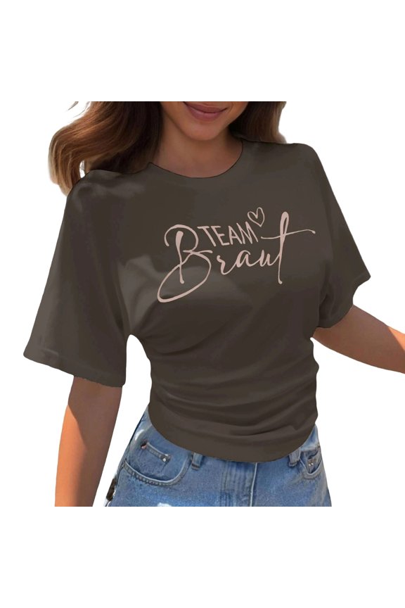 Plus Size Bride T-Shirts Team Bride Letter Printed Round Neck Short Sleeve Ruched Waisted Crop Tops Party Summer Basic Graphic Tees Bridesmaid Proposal Gift 1-Grey XXXL