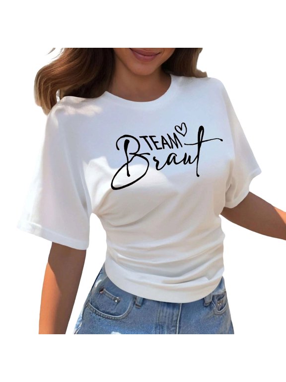 Plus Size Bride T-Shirts Team Bride Letter Printed Round Neck Short Sleeve Ruched Waisted Crop Tops Party Summer Basic Graphic Tees Bridesmaid Proposal Gift 2-White S