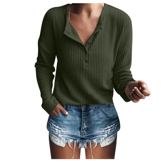 Arlun,Plus Size Button up Waffle T Shirts for Women Plain V-Neck Loose Fit Comfy Fall New Tops Womens Soft Breathable Long Sleeve Simple Casual Tshirts Green M