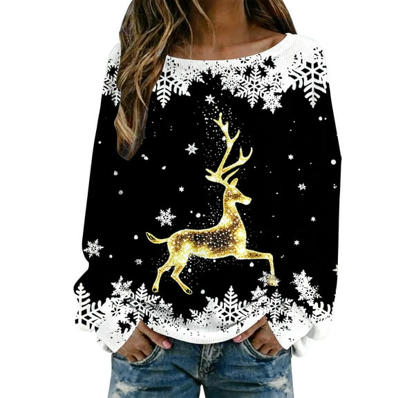 Arlun Plus Size Christmas Knit Sweaters for Women Red Glass Elk Reindeer Snowman Print Xmas Pullovers Tops Trendy Soft Comfort Long Sleeve Round Neck Cute Sweater Black3 XL
