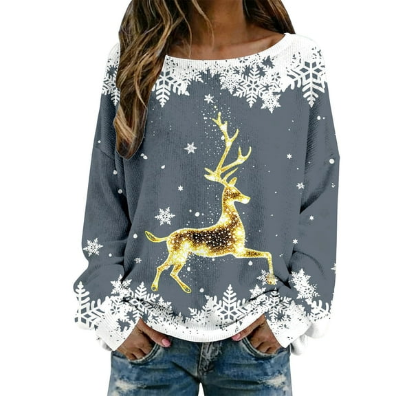 Arlun Plus Size Christmas Knit Sweaters for Women Red Glass Elk Reindeer Snowman Print Xmas Pullovers Tops Trendy Soft Comfort Long Sleeve Round Neck Cute Sweater Grey3 XL