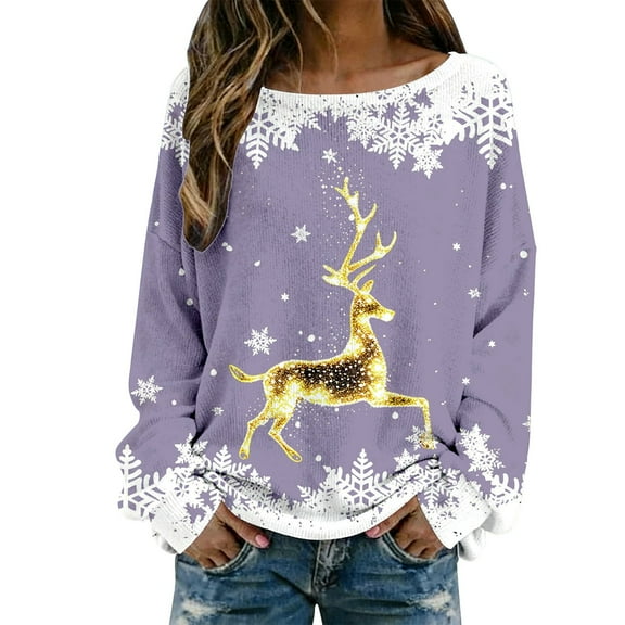 Arlun Plus Size Christmas Knit Sweaters for Women Red Glass Elk Reindeer Snowman Print Xmas Pullovers Tops Trendy Soft Comfort Long Sleeve Round Neck Cute Sweater Light Purple3 XXXL
