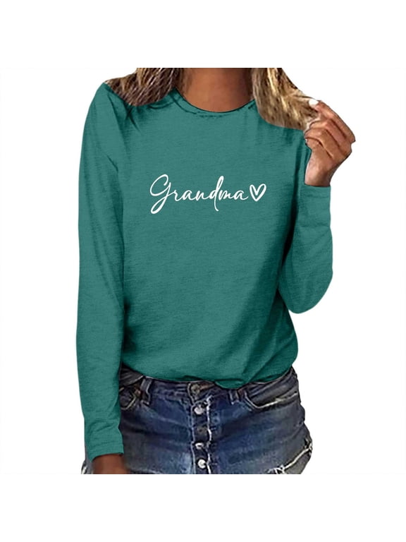 Plus Size Grandma Letter Print T-Shirts for Women Grandmother Soft Comfy Round Neck Pullover Tee Mama Heart Graphic Casual Long Sleeve Tops for Daily Wear Green XXL