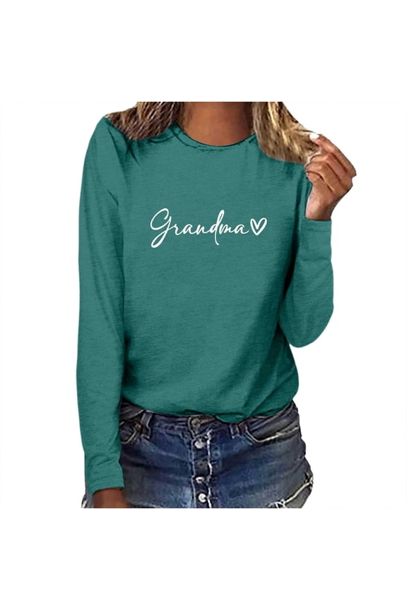 Plus Size Grandma Letter Print T-Shirts for Women Grandmother Soft Comfy Round Neck Pullover Tee Mama Heart Graphic Casual Long Sleeve Tops for Daily Wear Green XL