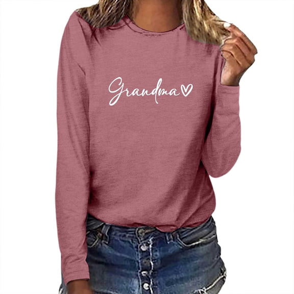 Arlun Plus Size Grandma Letter Print T-Shirts for Women Grandmother Soft Comfy Round Neck Pullover Tee Mama Heart Graphic Casual Long Sleeve Tops for Daily Wear Pink XL