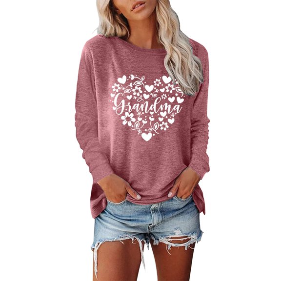 Arlun Plus Size Grandma Long Sleeve T-Shirt Grandma Letter Floral Heart Printed Crew Neck Pullover Shirts Grandmother Loose Fit Comfy Lightweight Soft Casual Graphic Tees Tops Pink XL