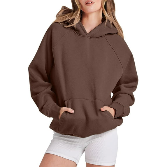 Arlun Plus Size Hoodies for Women Thin Fleece Basic Solid Color Hooded Sweatshirts Long Sleeve Relaxed Fit Comfortable Pullover Tops with Pocket Coffee2 L