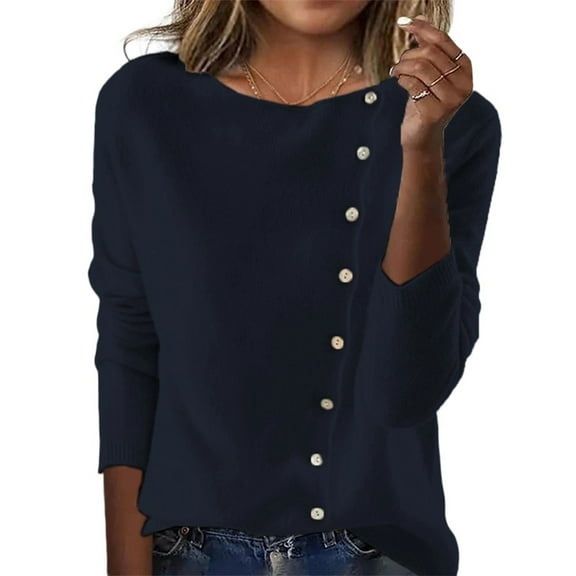 Arlun Plus Size Long Sleeve Knit Sweaters Top Button down Crewneck Soft Comfortable Pullovers 2025 Fall Winter Solid Color Thin Sweater Stylish Casual Outfits Navy S