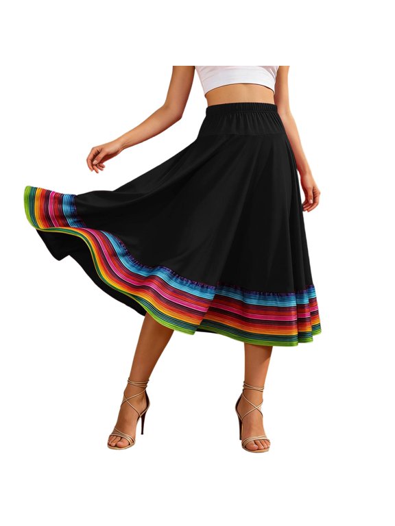 Plus Size Mexican Midi Skirts for Women Elastic High Waisted Loose Swing Flowy Folklorico Dance Skirts 2026 Fashion Bohemian Summer Casual Colorful Pleated Skirt 2-Black XXXXXL